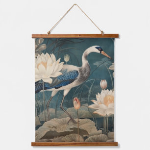 Tapiz Con Marco De Madera Cárcel azul y loto de la escena botánica vintage