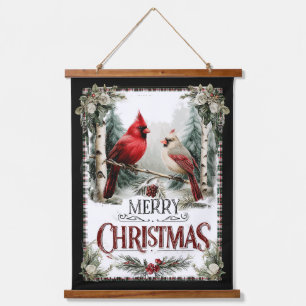 Tapiz Con Marco De Madera Cardenales en Abedul – Feliz Navidad Rústica