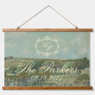 Tapiz Con Marco De Madera Cartel de bienvenida de boda con pintura de paisaj