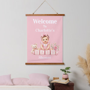 Tapiz Con Marco De Madera Cartel de bienvenida para baby shower de niña ador