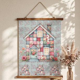 Tapiz Con Marco De Madera Casa floral cottagecore de falso patchwork