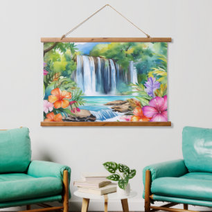 Tapiz Con Marco De Madera Cascada de agua tropical