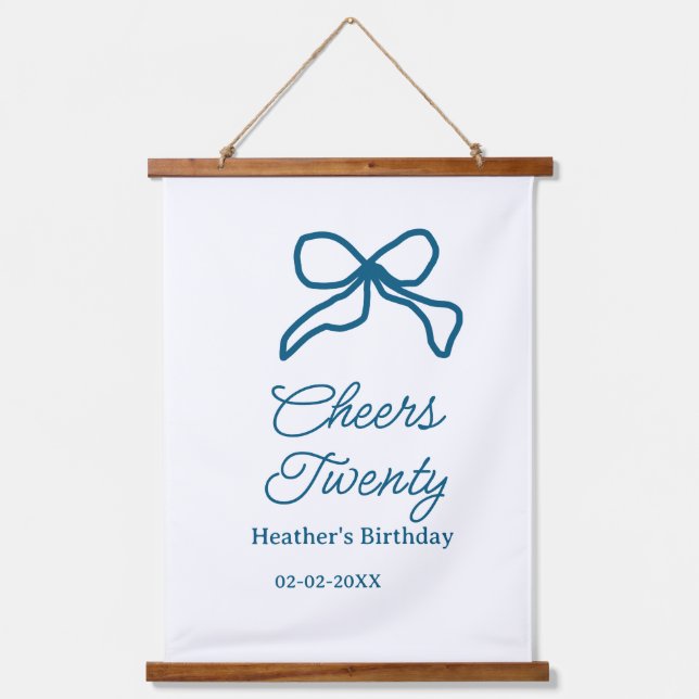Tapiz Con Marco De Madera Cheers twenty blue birthday bow name date boho ret (Anverso)