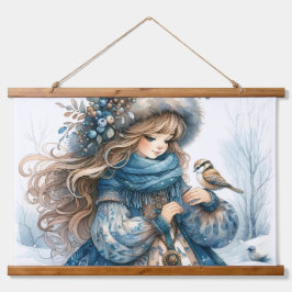 Tapiz Con Marco De Madera Chica de invierno con pájaro en Abrigo Floral Azul