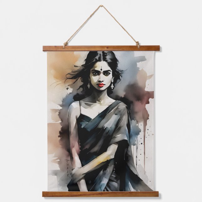 Tapiz Con Marco De Madera Chica indio en sari (Anverso)