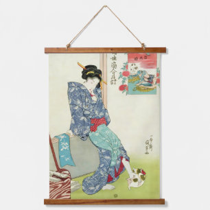 Tapiz Con Marco De Madera Chica jugando con un gato, Utagawa Kuniyoshi