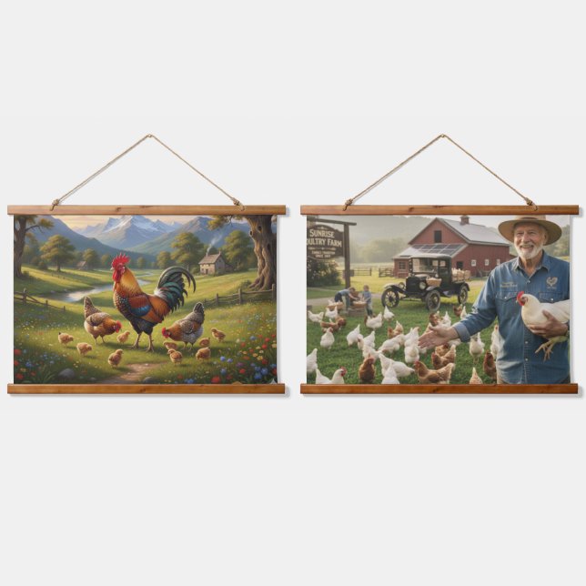 Tapiz Con Marco De Madera Chicken Farm Wood Topped Wall Tapestry (Doble)
