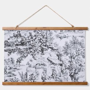 Tapiz Con Marco De Madera Chinoiserie Black White Toile Estilo Rústico
