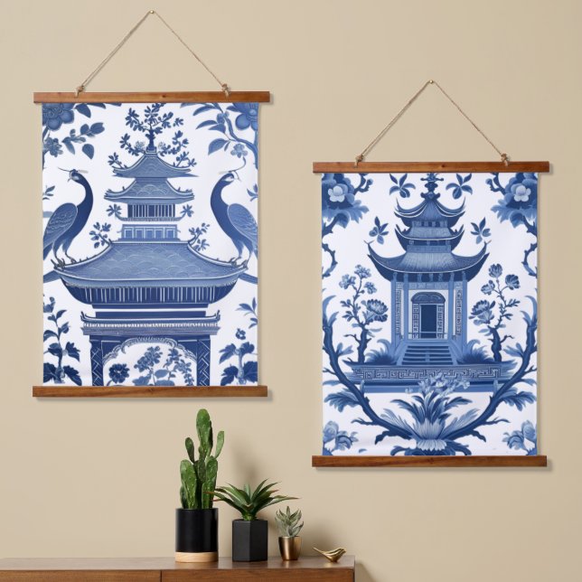 TAPIZ CON MARCO DE MADERA CHINOISERIE PAGODAS IN BLUE 1 & 2 (Asimétrico)