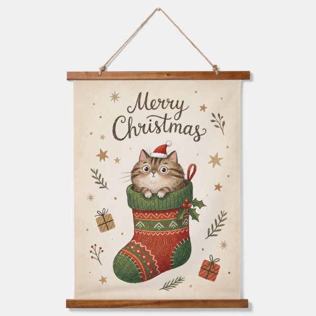Tapiz Con Marco De Madera Christmas Cat in Stocking (Anverso)