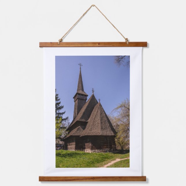 Tapiz Con Marco De Madera Church Romanian Village (Anverso)