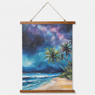 Tapiz Con Marco De Madera Cielo Nocturno Estrellas Púrpura Tropical Playa Pa