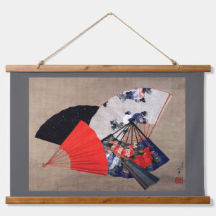 Tapiz Con Marco De Madera Cinco fans japoneses, Hokusai, Ukiyoe