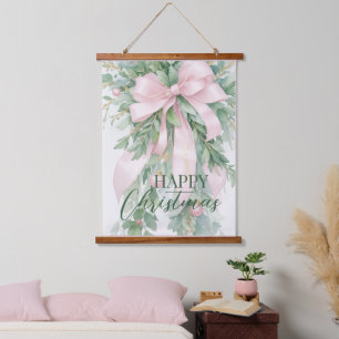 Tapiz Con Marco De Madera Cinta de raso rosa de Navidad con hiedra de acebo