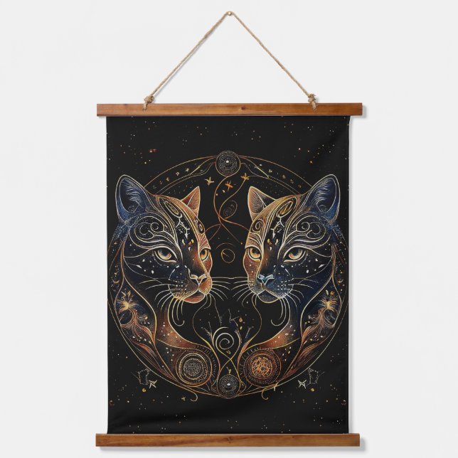 Tapiz Con Marco De Madera Círculo Felino Artístico Gatos Gemelos (Anverso)