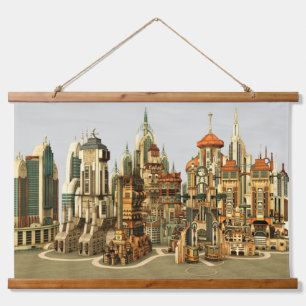 Tapiz Con Marco De Madera Ciudad de fantasía futurista Arte de horizonte de