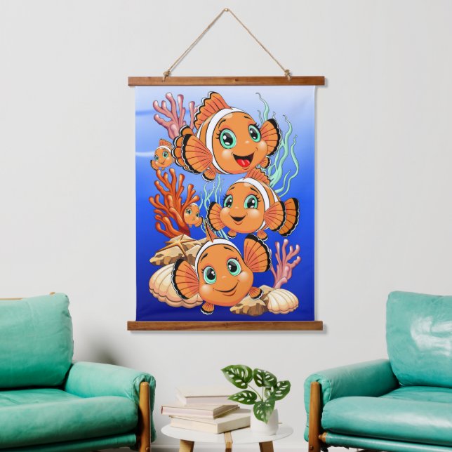 Tapiz Con Marco De Madera Clown fish Cartoon cute Family Underwater (Sala de estar)