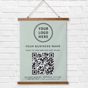 Tapiz Con Marco De Madera Código QR del logotipo de la empresa Sage Green