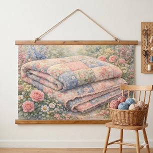 Tapiz Con Marco De Madera Colcha de patchwork floral Cottagecore acuarela