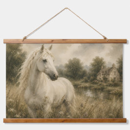 Tapiz Con Marco De Madera Colgante de pared de cottage Vintage White Horse M
