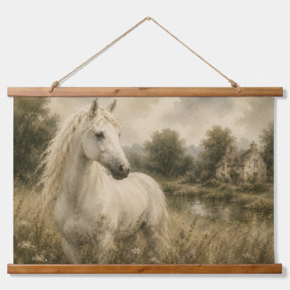 Tapiz Con Marco De Madera Colgante de pared de cottage Vintage White Horse M