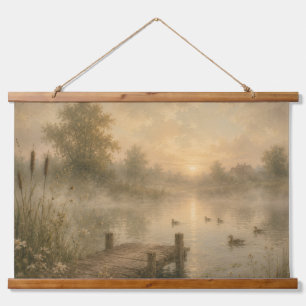 Tapiz Con Marco De Madera Colgante de pared de estanque brumoso al amanecer