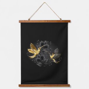 Tapiz Con Marco De Madera Colibrí negro y dorado