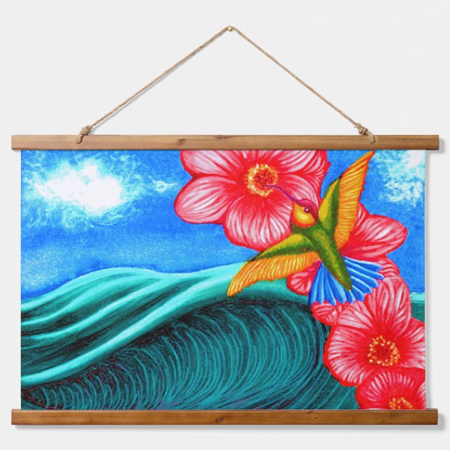 Tapiz Con Marco De Madera Colibrí Océano (Anverso )