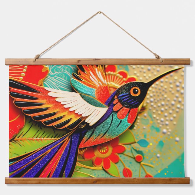 Tapiz Con Marco De Madera Colibrí Ocupado (Anverso )