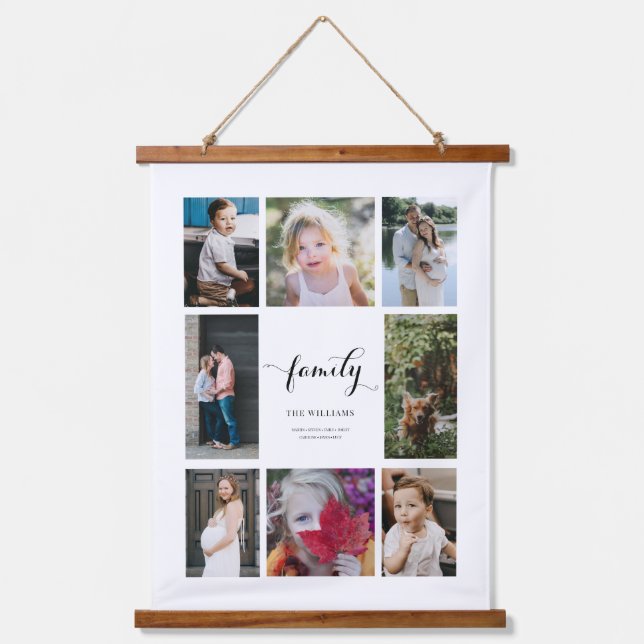 Tapiz Con Marco De Madera Collage de fotos Personalizado Nombre de Familia 8 (Anverso)