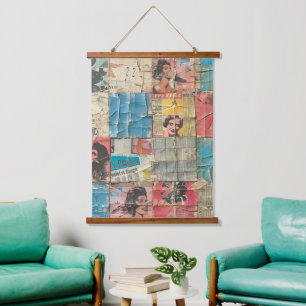 Tapiz Con Marco De Madera Collage de parches de periódico ruso vintage (11)