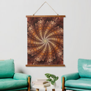Tapiz Con Marco De Madera Colores Cálidos, Patrón de Arte Fractal Moderno Al