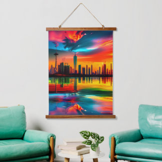Tapiz Con Marco De Madera Colorido Sunset Cityscape Art