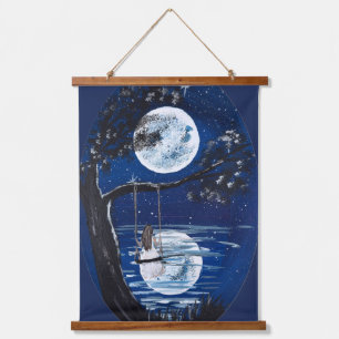 Tapiz Con Marco De Madera Columpio bajo la luz de la luna junto al lago - ob