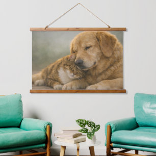 Tapiz Con Marco De Madera Compañeros tranquilos de perros y gatos – Tapiz de