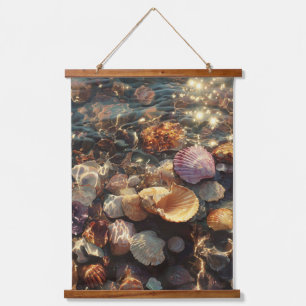 Tapiz Con Marco De Madera Conchas Costeras Vibrantes Arte de Playa Rústico