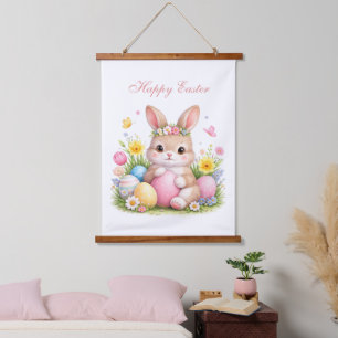 Tapiz Con Marco De Madera Conejito de Pascua adorable conejo peonía rosa rub