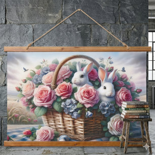 Tapiz Con Marco De Madera Conejitos Anidados Entre Rosas de Cabaña