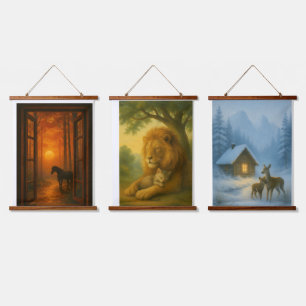 Tapiz Con Marco De Madera Conjunto de 3 Arte de Pared de Animales del Bosque