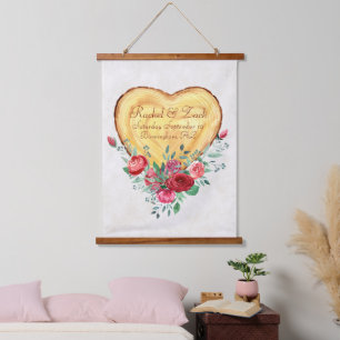 Tapiz Con Marco De Madera Corazón de madera y rosas Amor de Campo