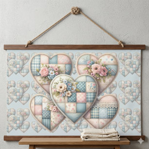 Tapiz Con Marco De Madera Corazones de Patchwork Cottagecore Pastel