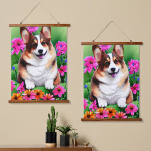 Tapiz Con Marco De Madera Corgi floral pintoresco