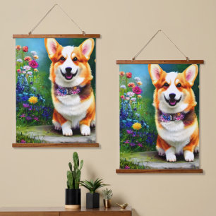 Tapiz Con Marco De Madera Corgi Flower Garden