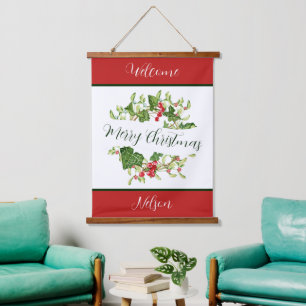 Tapiz Con Marco De Madera Corona de Navidad en acuarela personalizada navida