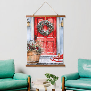 Tapiz Con Marco De Madera Corona de Navidad roja vintage rústica de invierno
