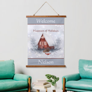 Tapiz Con Marco De Madera Cottage de invierno lindo personalizado Navidad Ho