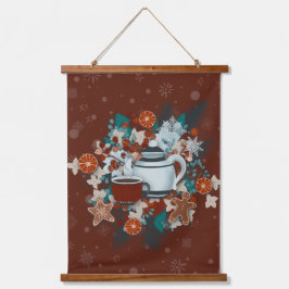Tapiz Con Marco De Madera Cozy Red Cottagecore Winter Tea Scene 