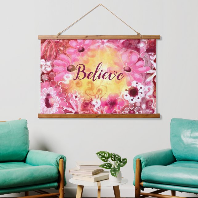 Tapiz Con Marco De Madera Creer el amarillo rojo rosa floral suntuoso (Sala de estar)