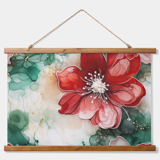Tapiz Con Marco De Madera Crimson Yuletide Blooms Botánico (Anverso )