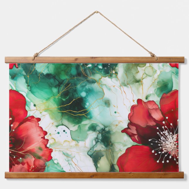 Tapiz Con Marco De Madera Crimson Yuletide Blooms Botánico (Anverso )